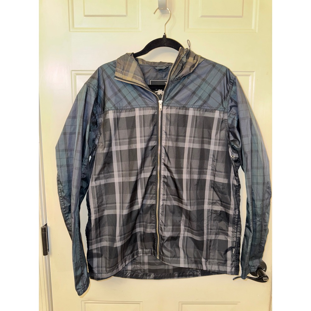 Stussy Mens Plaid Windbreaker Jacket Grey Blue Hooded Full Zip Medium